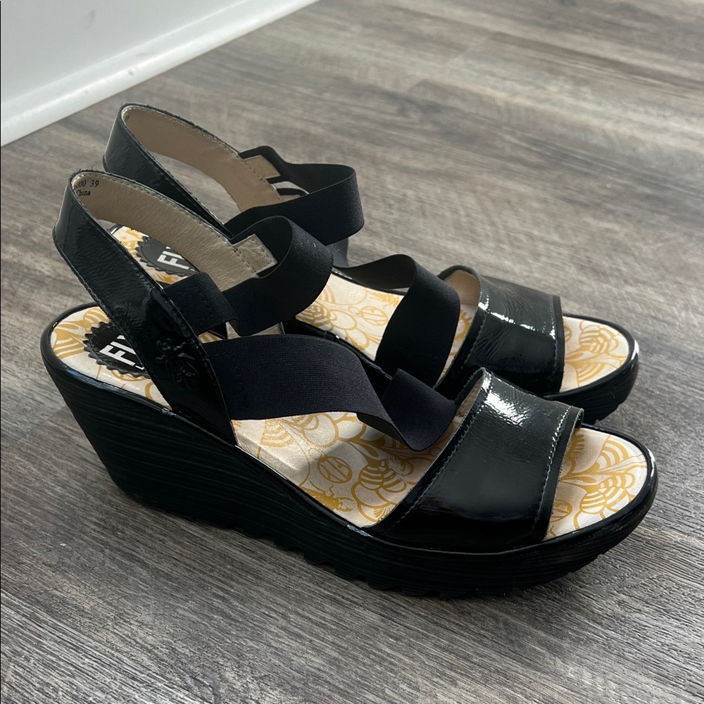 Fly London Black Patent Wedge Sandals